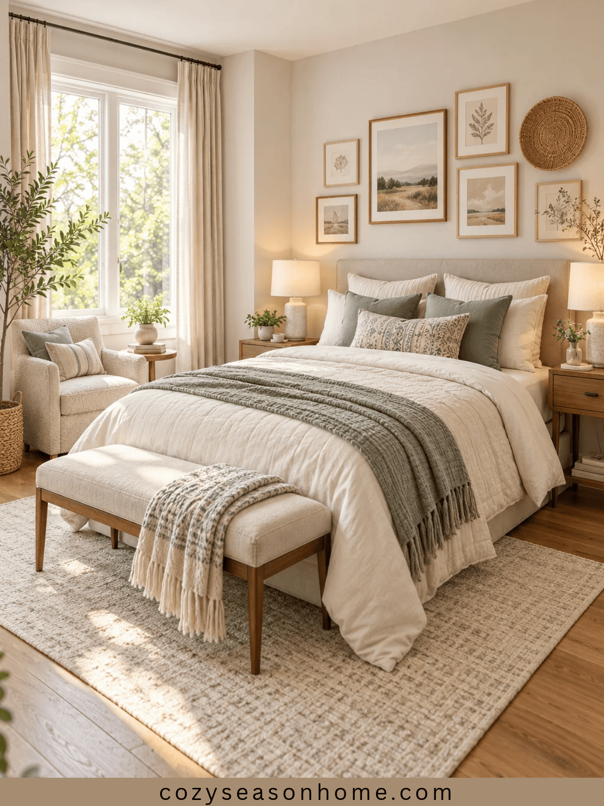 Cozy small bedroom with neutral tones, soft bedding, warm lighting, and practical space-saving decor