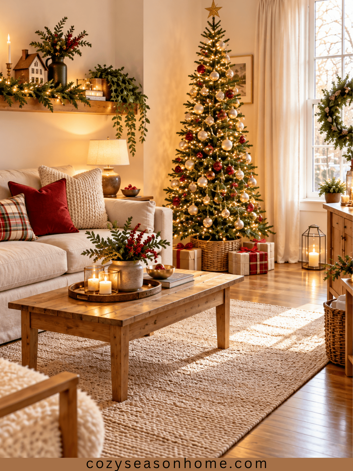 Small festive living room with a slim Christmas tree, neutral sofa, warm lights, and uncluttered floor space