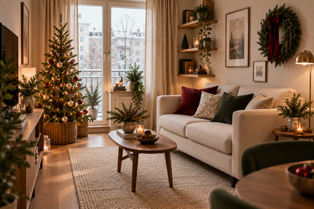 Small apartment living room with a slim Christmas tree, compact seating, greenery and space-saving seasonal decor