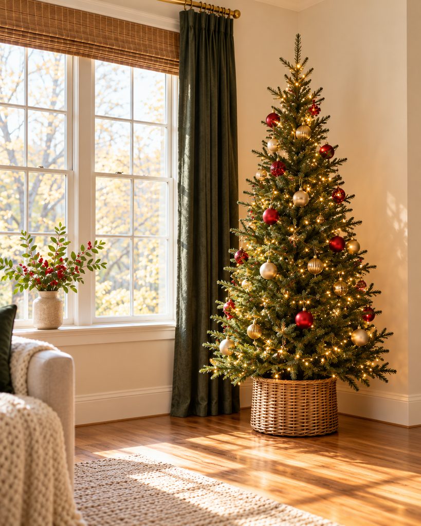 Slim Christmas tree tucked into the corner of a small living room