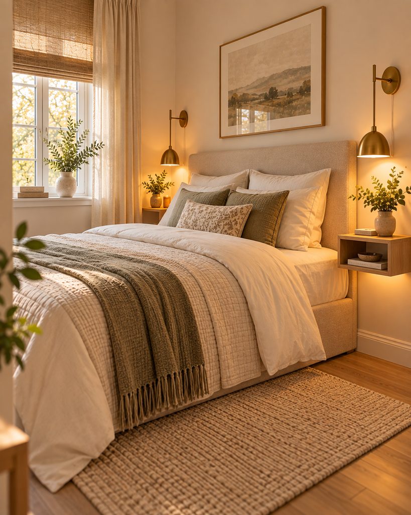 Wall sconce and floating shelf beside the bed in a small bedroom