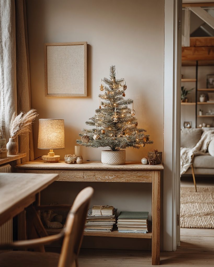 Tabletop Christmas tree with mini ornaments and warm lights in a small apartment