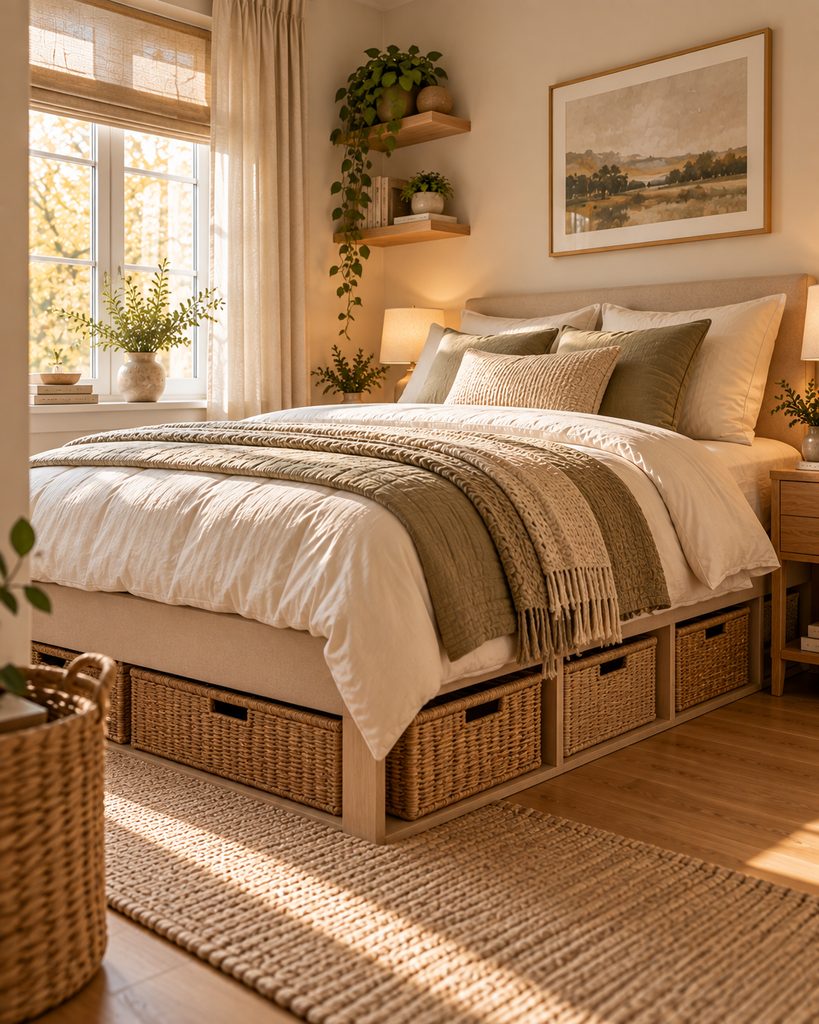 Baskets and drawers tucked neatly under the bed in a small bedroom