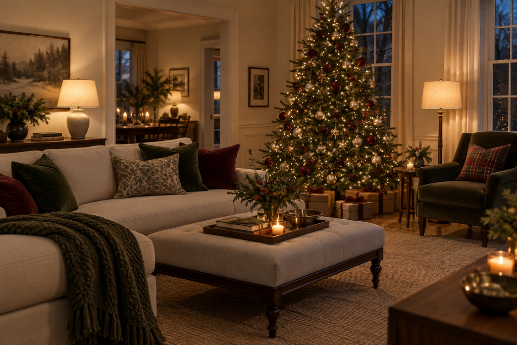 warm christmas living room lighting.