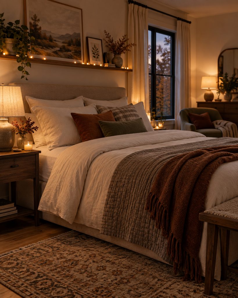 Fall bedroom with warm bedside lamps and soft ambient lighting creating a calm evening atmosphere.