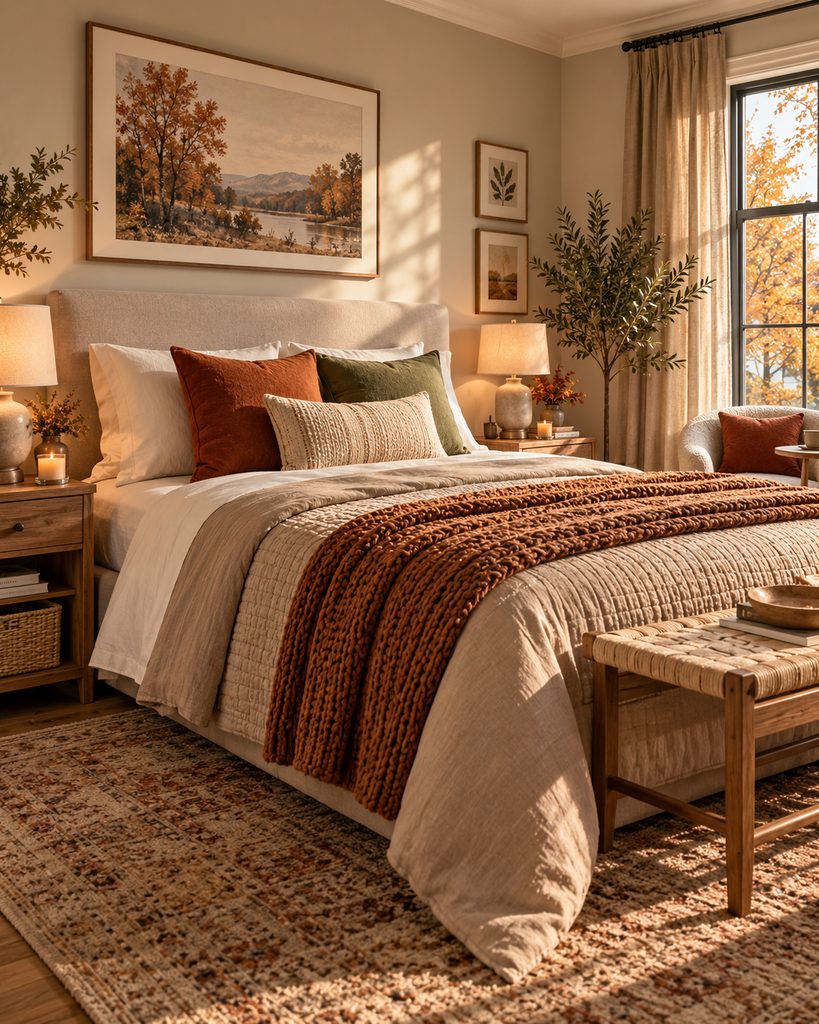  Cozy fall bedroom with neatly layered cream bedding, a quilt, folded knit throw, and warm autumn cushions.