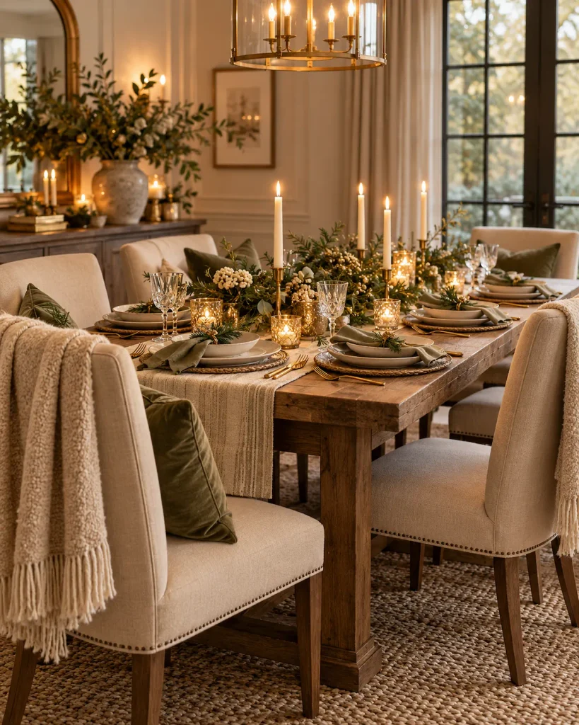 Cozy sitting area with a soft throw, candlelight, and warm holiday decor