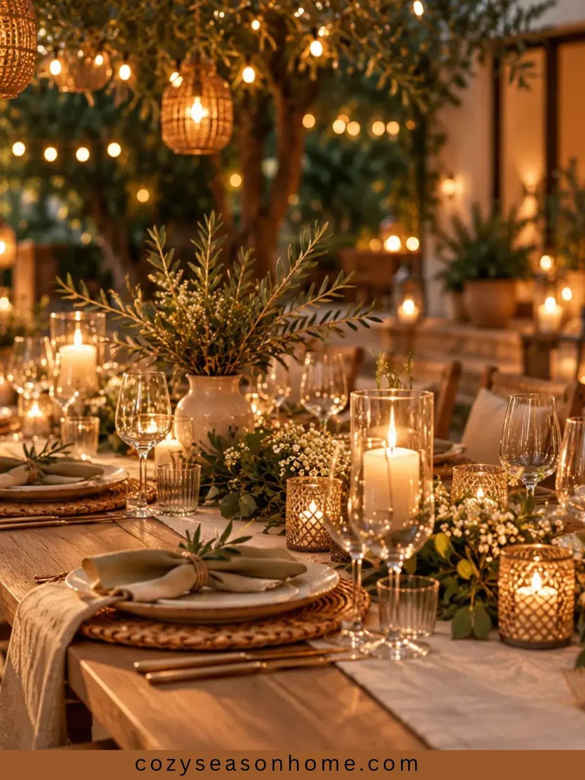 Warm holiday dinner table with candles, elegant place settings, greenery, and soft Christmas lights