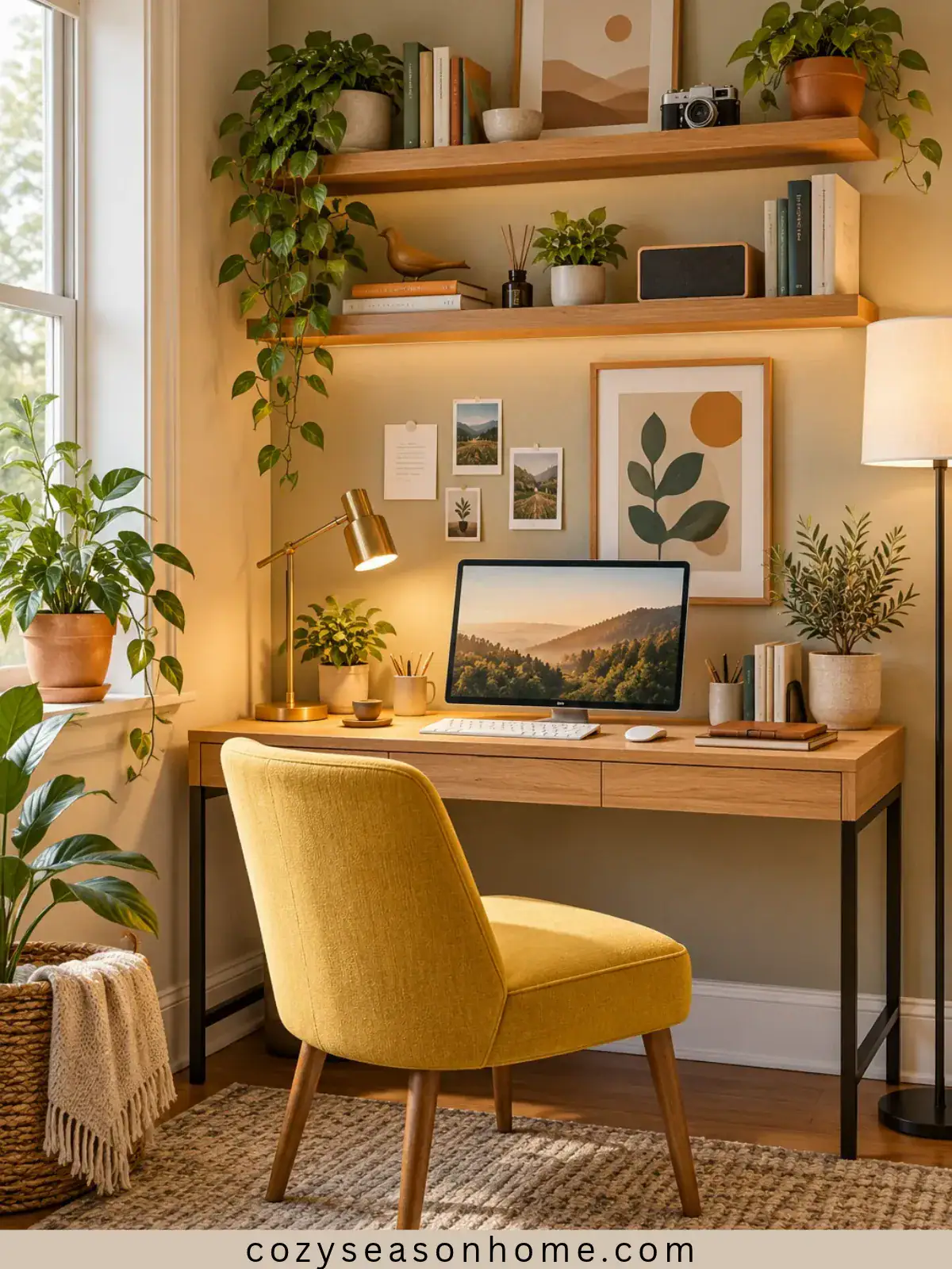 Cozy home office with a wood desk, comfortable chair, warm lighting, greenery, and organized decor