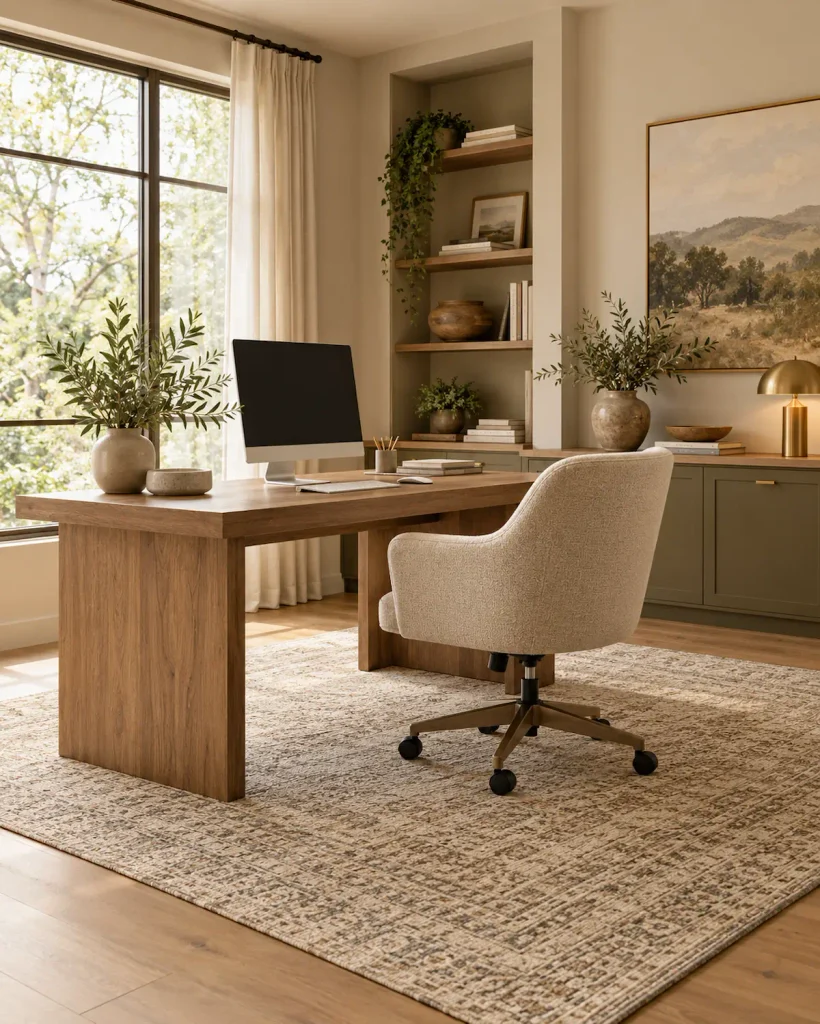 Cozy home office with a textured low-pile rug under the desk and chair