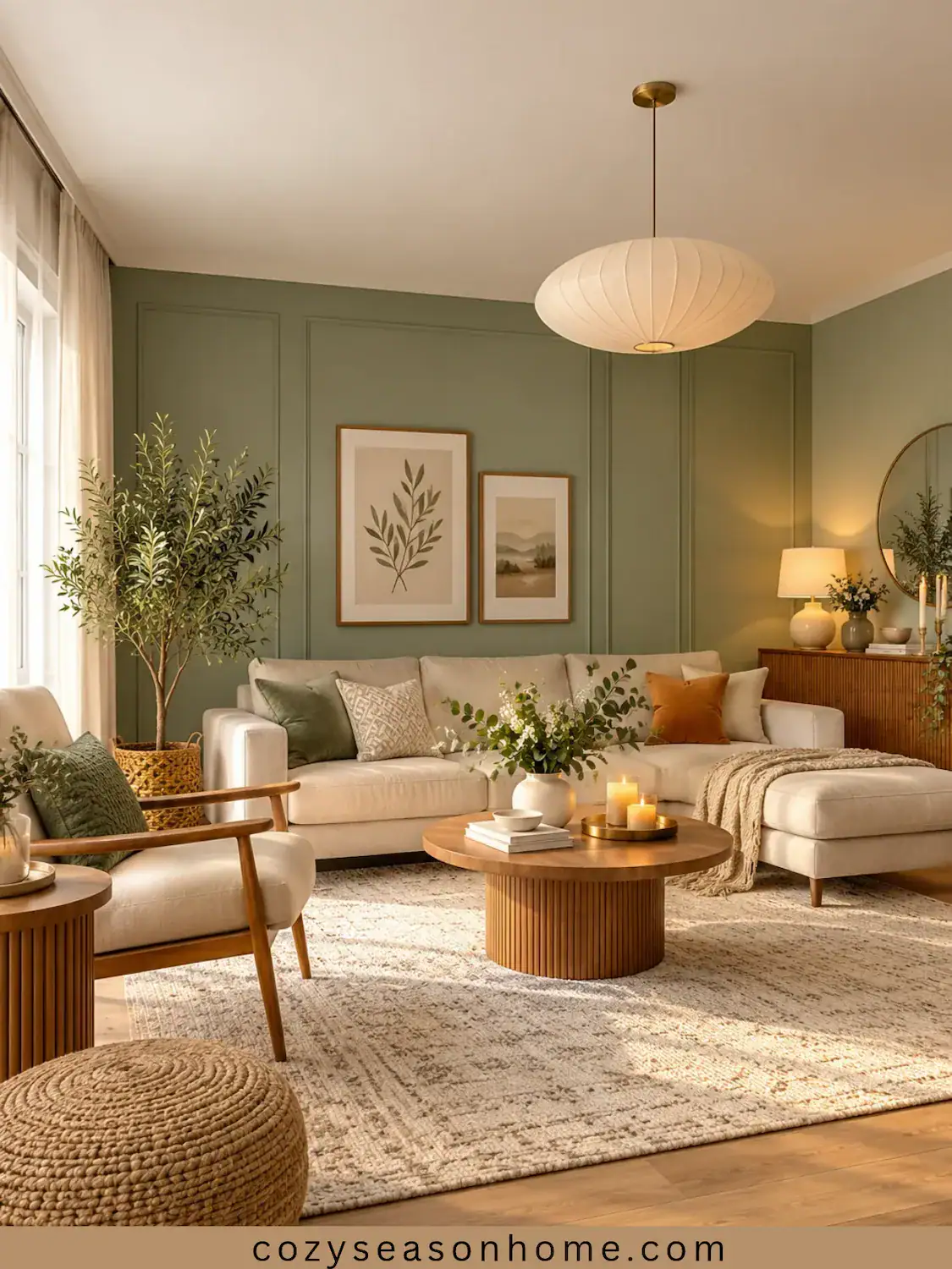 Cozy living room with warm lighting, a comfortable sofa, soft cushions, a textured throw, and natural wooden accents.