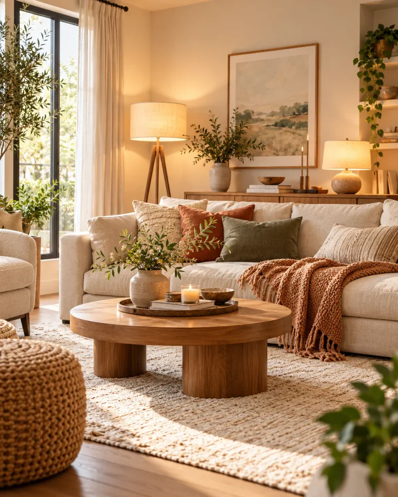 Cozy living room with soft, warm lighting from a table lamp and floor lamp, creating a relaxing and inviting atmosphere.