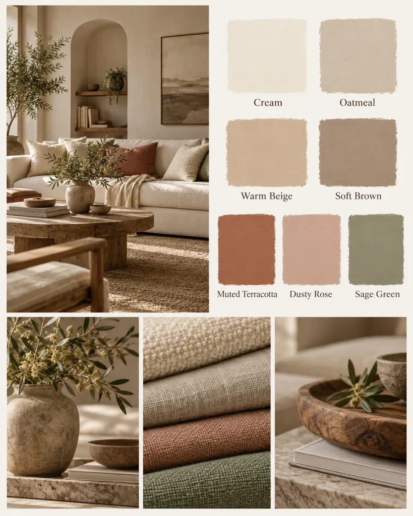 Warm neutral color palette collage featuring cream, oatmeal, warm beige, soft brown, muted terracotta, dusty rose, and sage green swatches with labels.