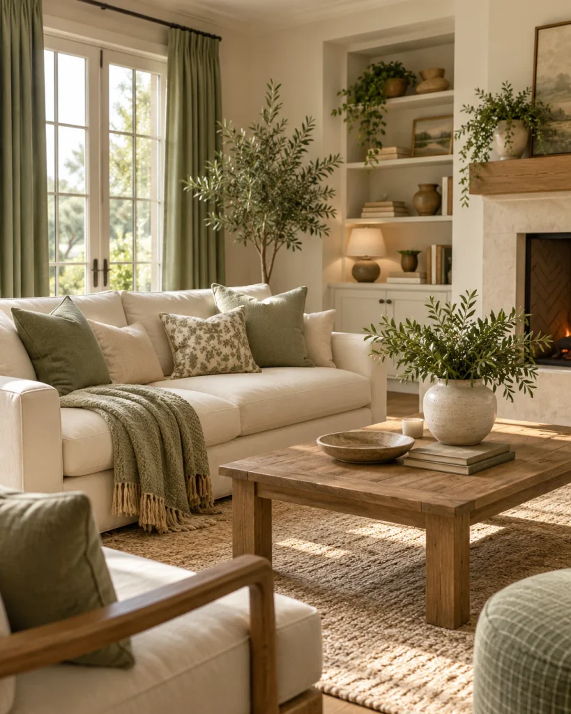 Cozy living room in cream and sage green with soft textiles and warm wood accents