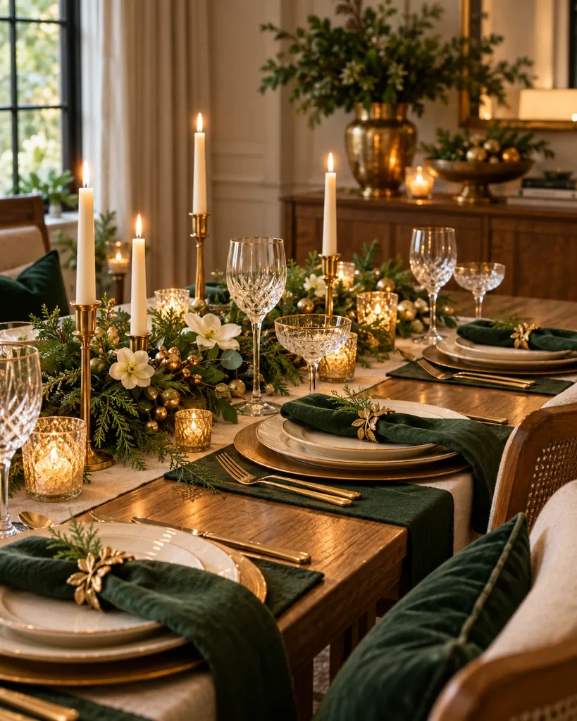Holiday table styled in a green and gold color palette