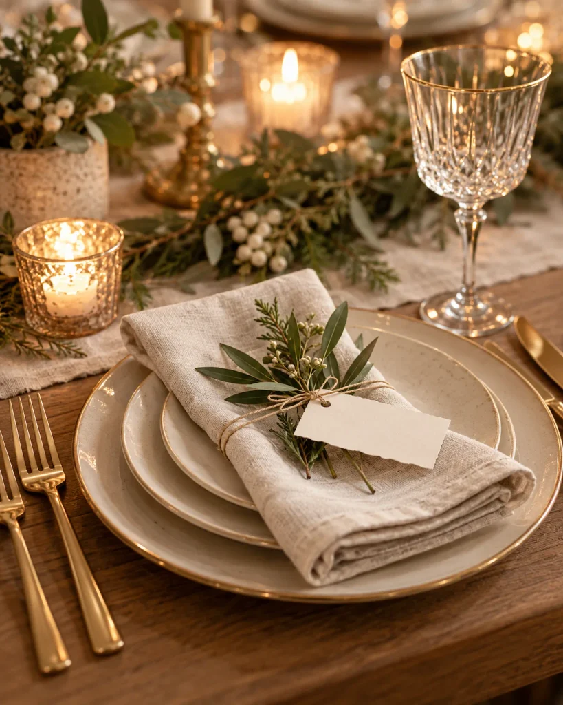 Holiday place setting with a folded napkin, greenery, and a place card