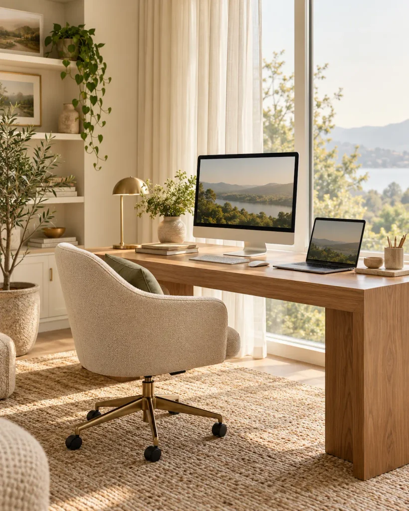 Home office desk beside a bright window with natural light, monitor, laptop, and greenery
