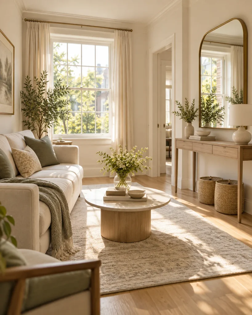 Large mirror reflecting daylight in a small living room