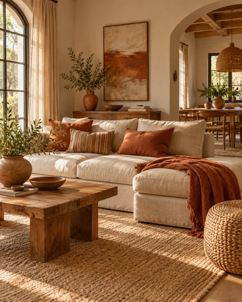 Oatmeal and rust room with earthy textures and a warm welcoming feel