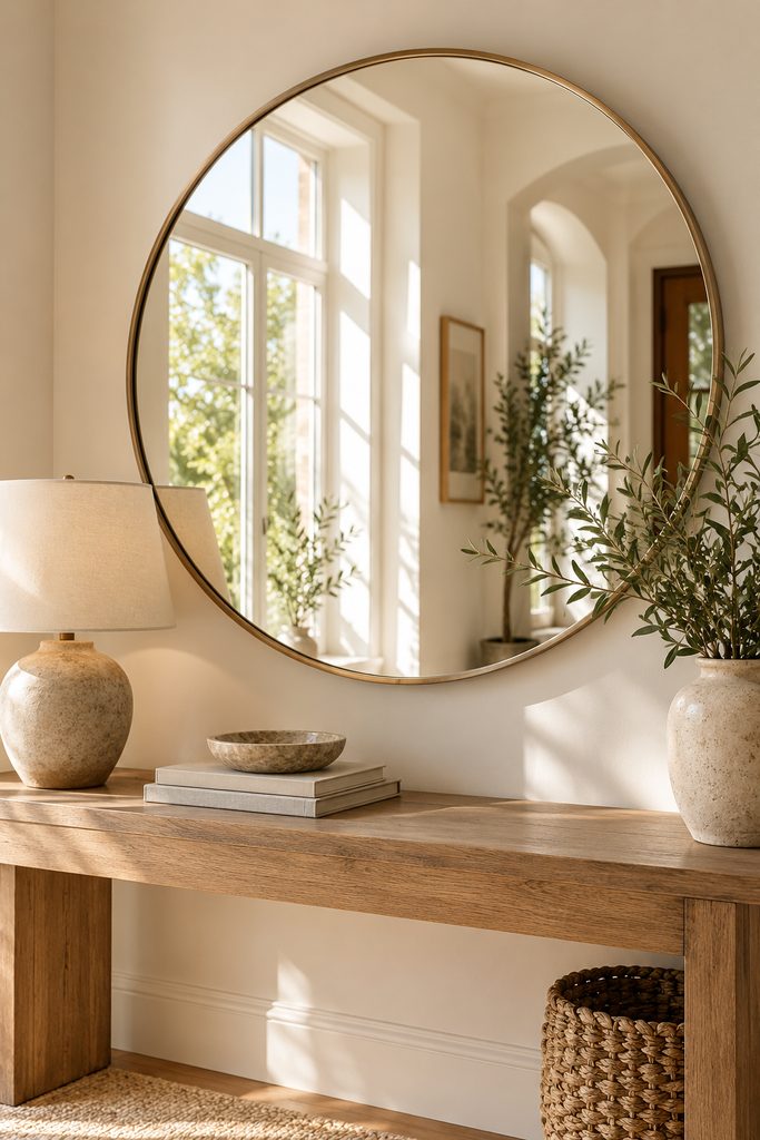 Round mirror above an entry console reflecting daylight in a bright neutral entryway
Prompt: