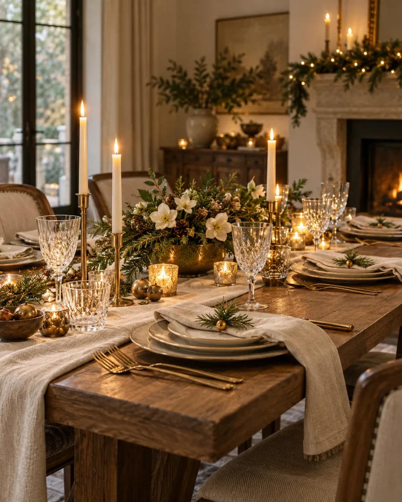 Simple holiday tablescape with candles, place settings, and neat greenery