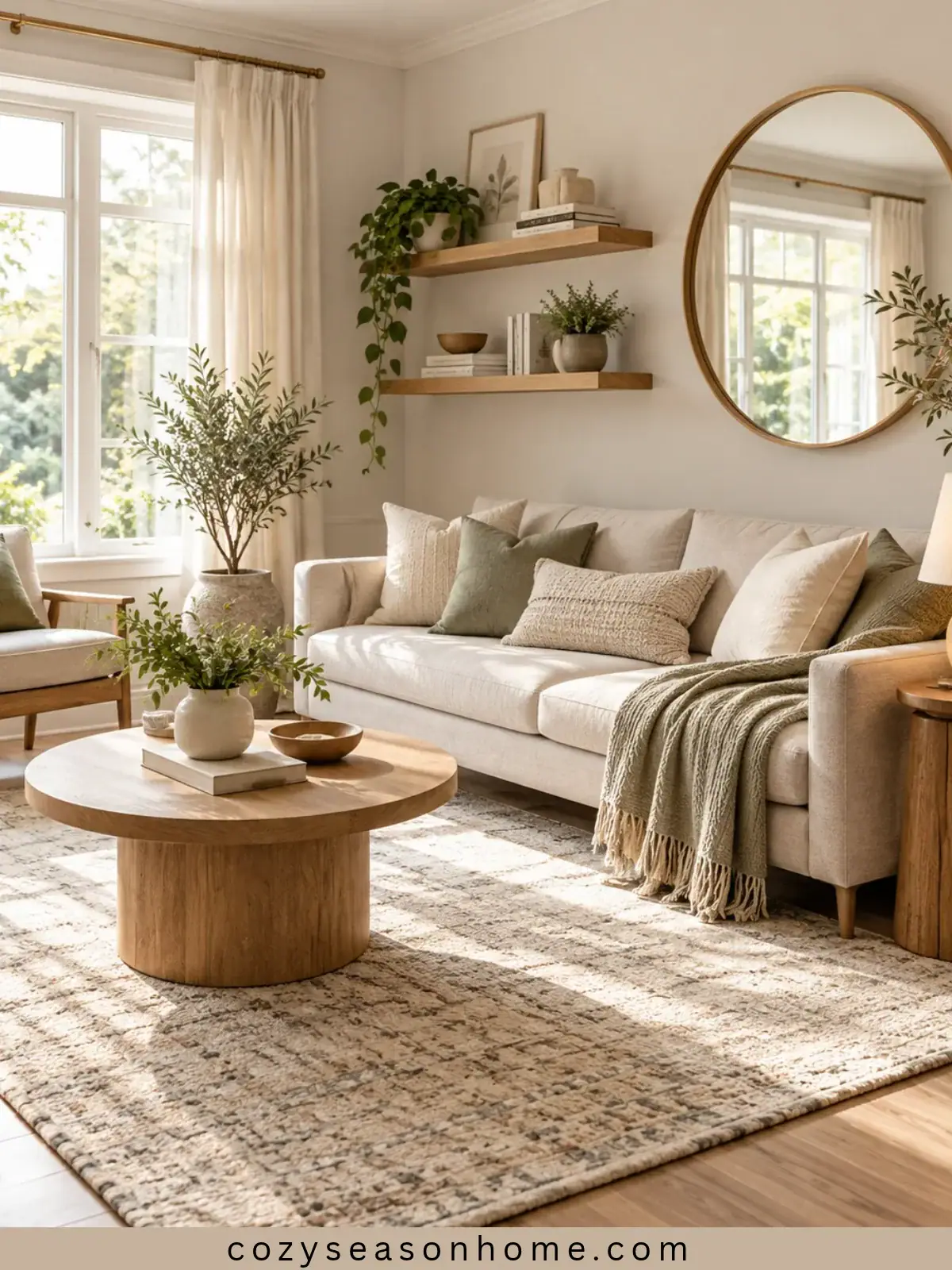 Small living room with neutral decor, natural wood shelves, a round mirror, soft textiles, and warm natural light