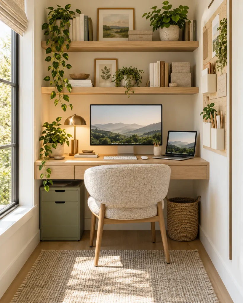 Small cozy home office with a slim desk, compact chair, floating shelves, monitor, and laptop