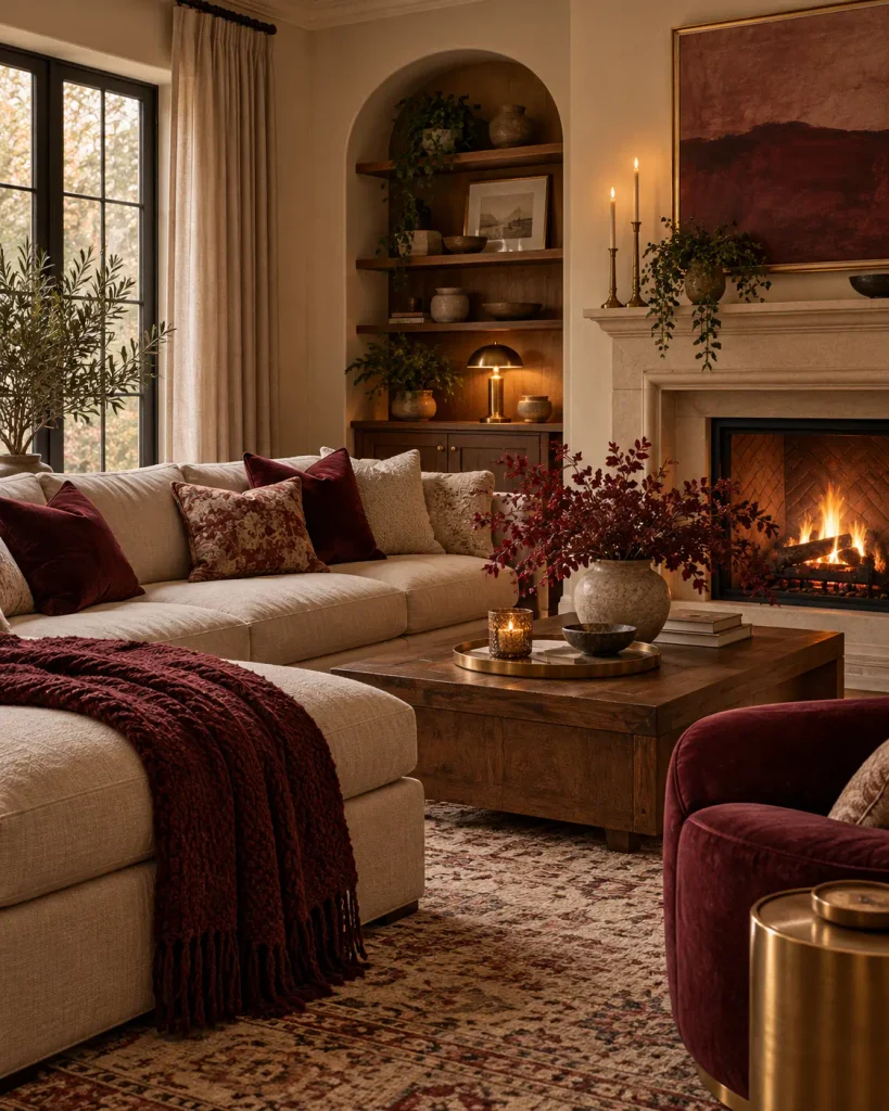Soft beige room with burgundy accents and a cozy inviting mood