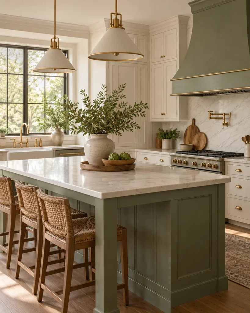 Soft white and sage room with brass accents and a polished cozy feel