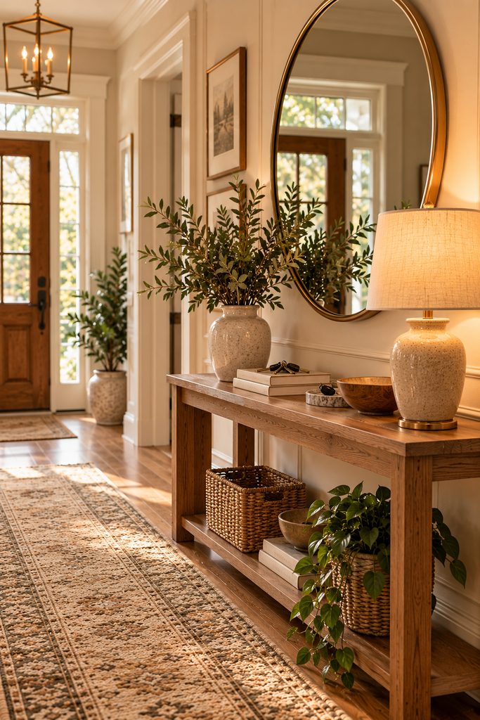 Warm entry console styled with a lamp, key tray, leafy vase, books, and round mirror