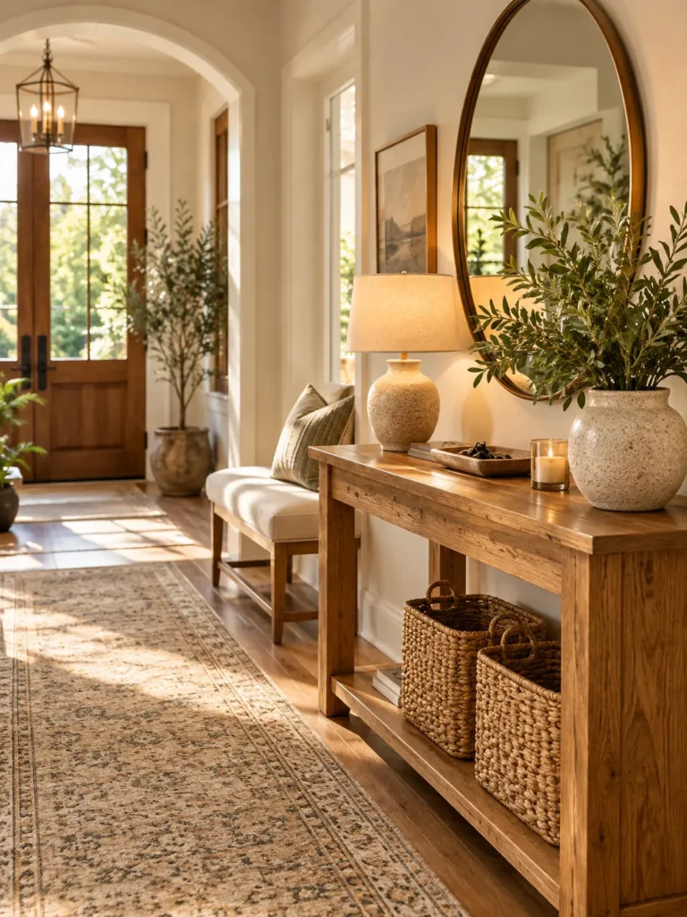 Warm entryway with a neutral console, round mirror, natural greenery, soft lighting, and wood accents