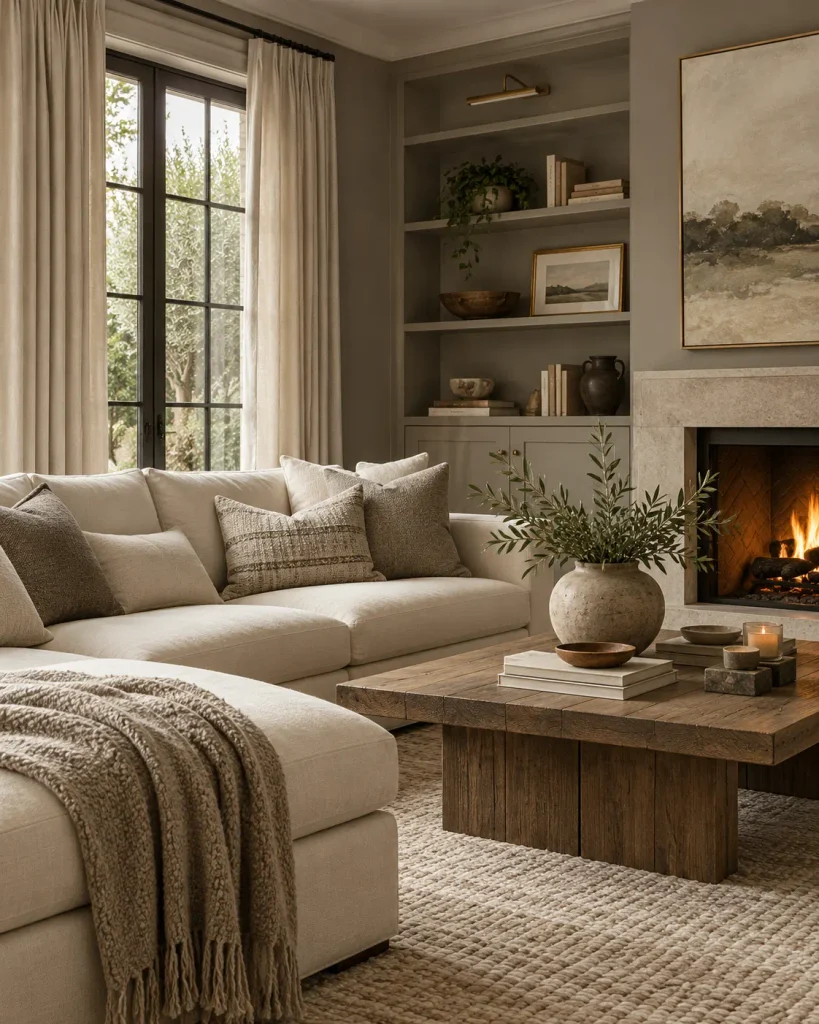 Warm gray and cream room with soft textures and a calm elegant look
