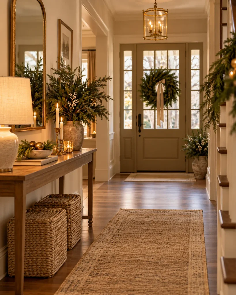 Warm holiday entryway with a lamp, candle, mirror, and subtle greenery
