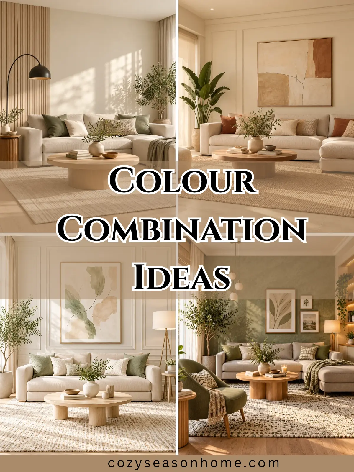 Warm interior featuring cream, sage green, beige, terracotta, natural wood, and other cozy home color combinations