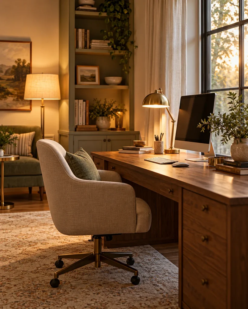 Home office with warm layered lighting, desk lamp, floor lamp, and a tidy workspace