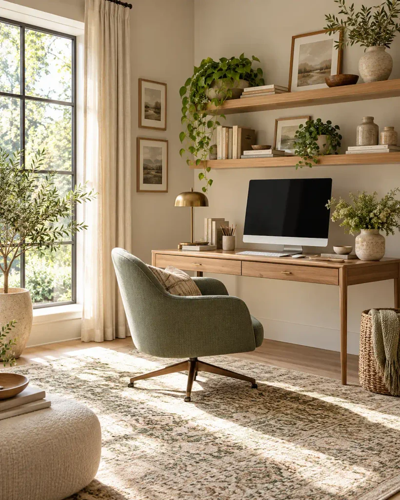 Cozy home office with a warm neutral color palette, wood furniture, and sage green accents