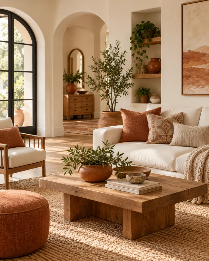 Warm white room with muted terracotta accents and natural textures