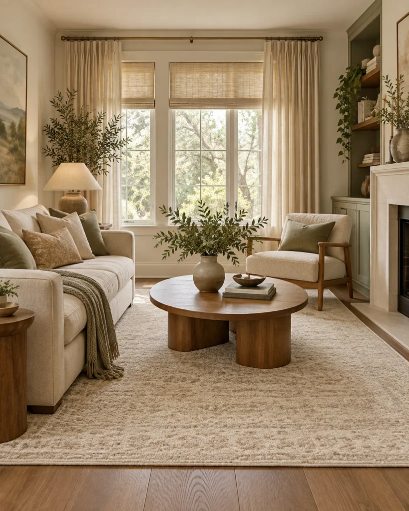 Well-fitted rug grounding a small living room seating area